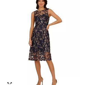 Adrianna Papell Navy and Gold Embroidered A-Line Dress 14 NWT Cocktail
